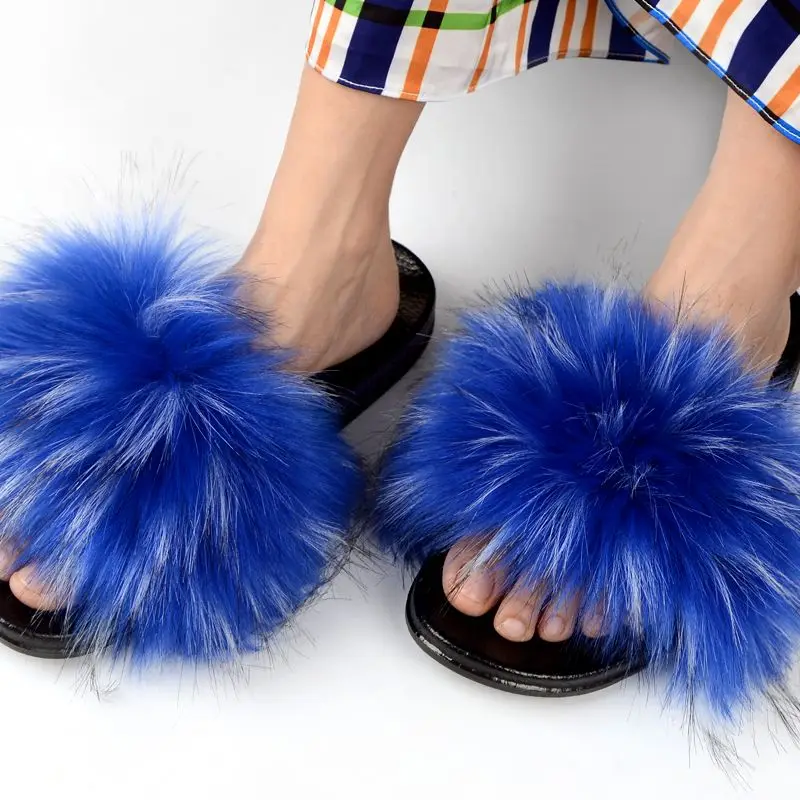 Summer Faux Fur Slippers Fur Slides Fake Fur Fluffy Sandals Girls Beach Home Plush Sliders Furry Flip Flops Women Shoes Woman