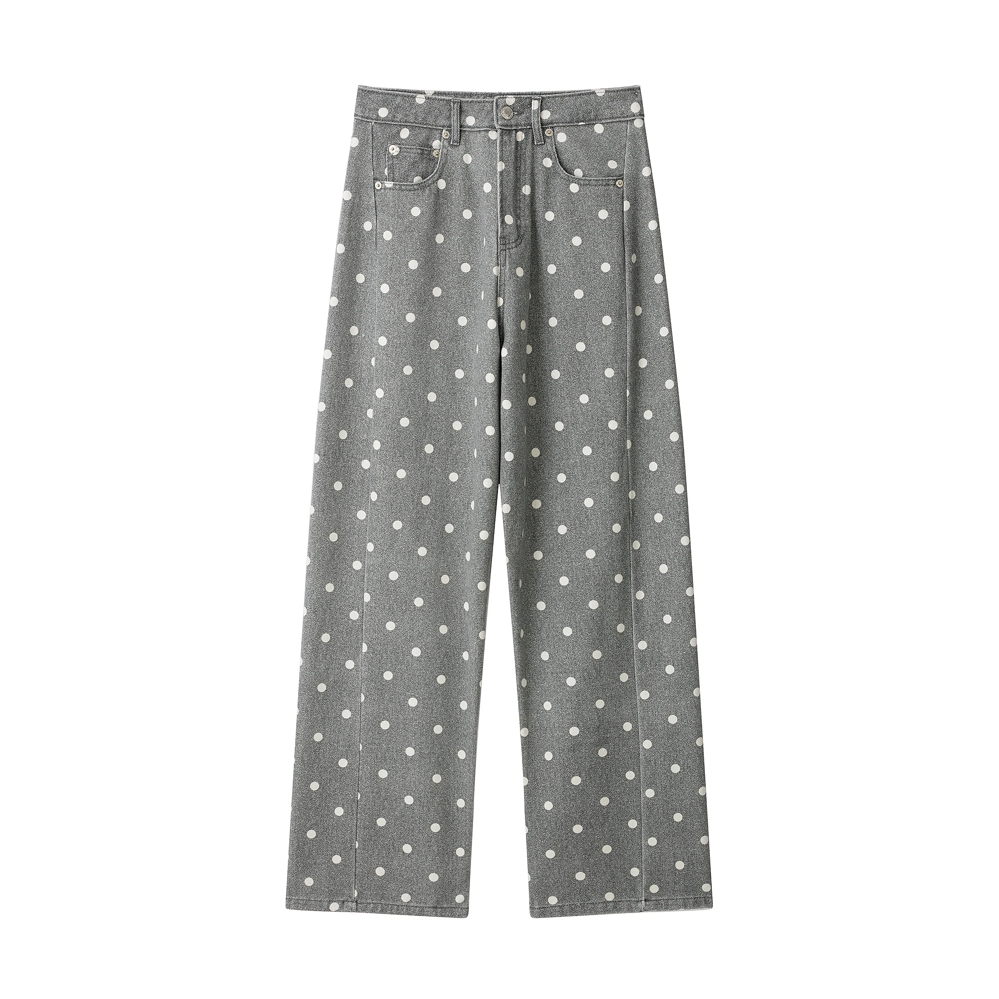 2026 Autumn Winter Women's Elegant Low Waist Wide Leg Polka Dot Gray Denim Jeans Pants Lady Chic Polyester Zip Street Trousers