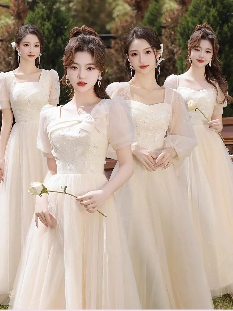 

Champagne Color Maids Dr Ele Slimming Performance Wedding Sister up Can Wear Sweet Sle ort Sve Midi Ball Gown