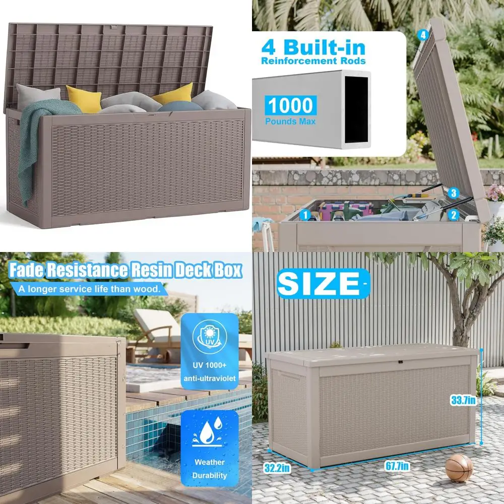 Caixa de armazenamento exterior com tampa para almofadas de pátio, ferramentas de jardim, suprimentos de piscina, caixa de resina de deck grande com capacidade de 260 galões