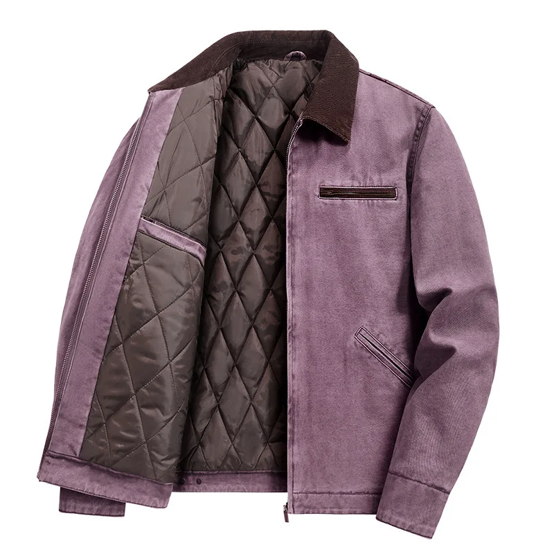 Autumn Winter Quilted Fleece Lapel Padded Jacket Men's Warm Casual Outerwear