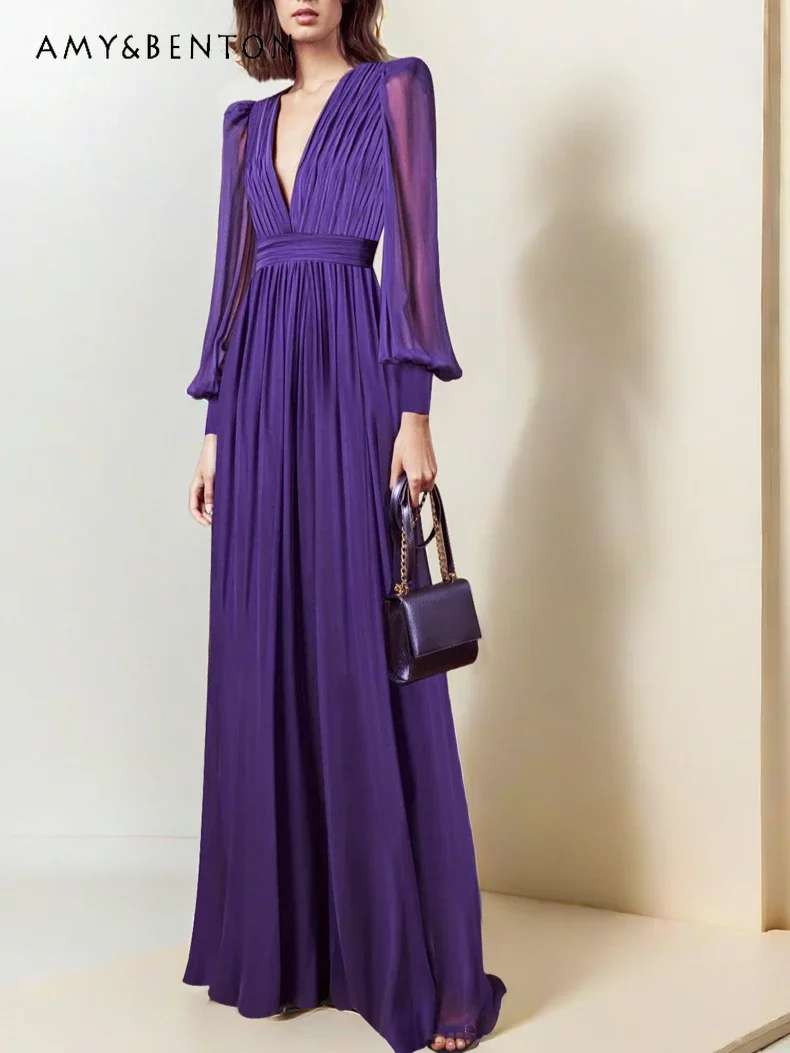 

High-end Temperament Purple Dress Women Fashion Commuter Style V-neck Long-sleeved Elegant Graceful Maxi Dress Evening Dresses