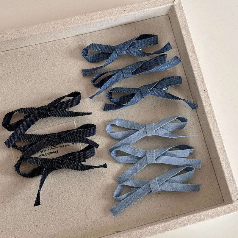 3PCS Duckbill Clip New Fashion Personality Denim Blue Fabric Bow Barrettes Hairclips Side Shredded Hair Bangs Clip