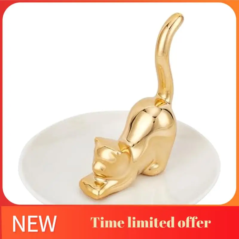 

ABRN-Cats Posture Ring Holder Golden Kitty Tail Dish Jewelry Tray Ring Round Dishes Trinket Tray Jewelry Storage Home Du