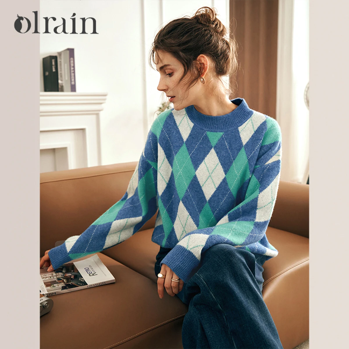 

OLrain Diamond Pattern Pullover Women Autumn 2025 Round Neck Jacquard Sweater Casual Loose Fit Knitted Female Jumpers O23DM66666
