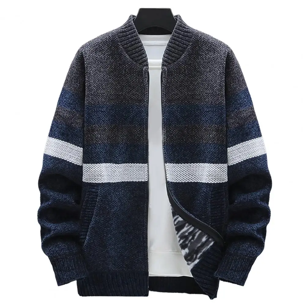 Cardigan Man Sweaters Coat Men's Spring Autumn Fleece Sweater Zipper Fashion Baseball Collar Stripe Jacket New