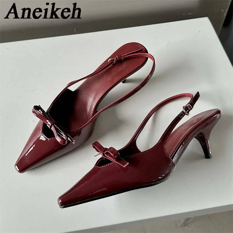 Aneikeh 2024 SummerDesigner Bowknot Buckle Strap Pumps Women Sexy Pointed Toe Thin Heels Wedding Banquet Dress Mule Ladies Shoes