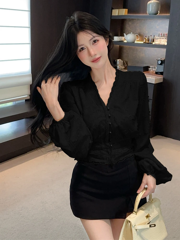 الخريف الدانتيل والتطريز الأزهار الخامس الرقبة بلوزة شيفون الأبيض المتخصصة مرونة الخصر نفخة الأكمام بلايز المرأة أنيقة الأسود مكتب العمل #4