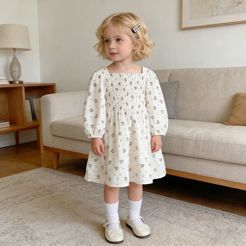 2026 New Spring Autumn Cotton Print Sister Dress 2-6Yrs Baby Girl Square Neck Long Sleeved Kids Princess Dress Girl Party Dress