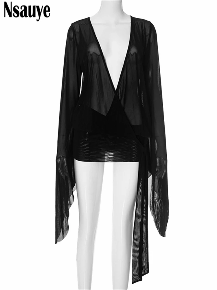 Nsauye Sexy Women Mesh Low Cut Out Fashion Summer New 2025 Mini Dress Backless Long Sleeve Evening Party Night Club Dress Outfit