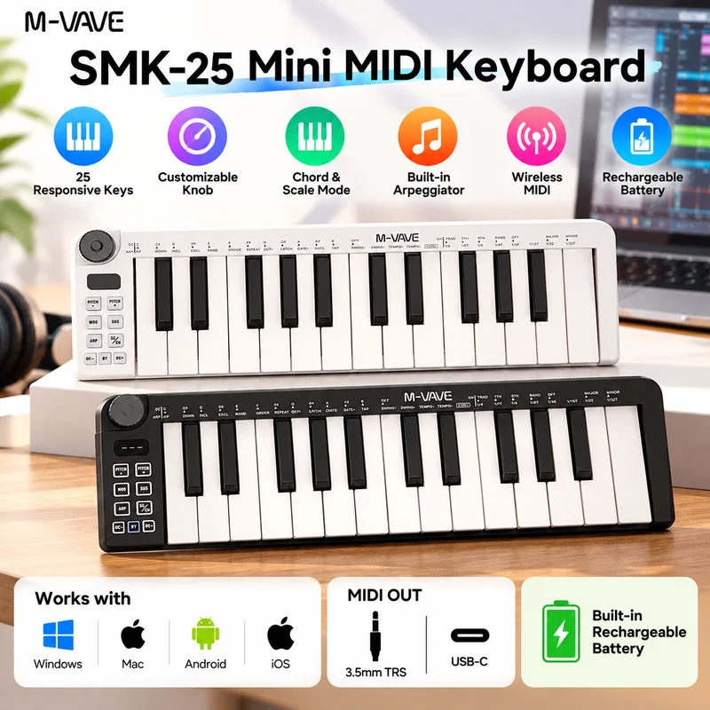 M-VAVE SMK-25 mini Wireless Midi Keyboard Controller Portable Smart Midi pad For Music Production Performance Arrangement