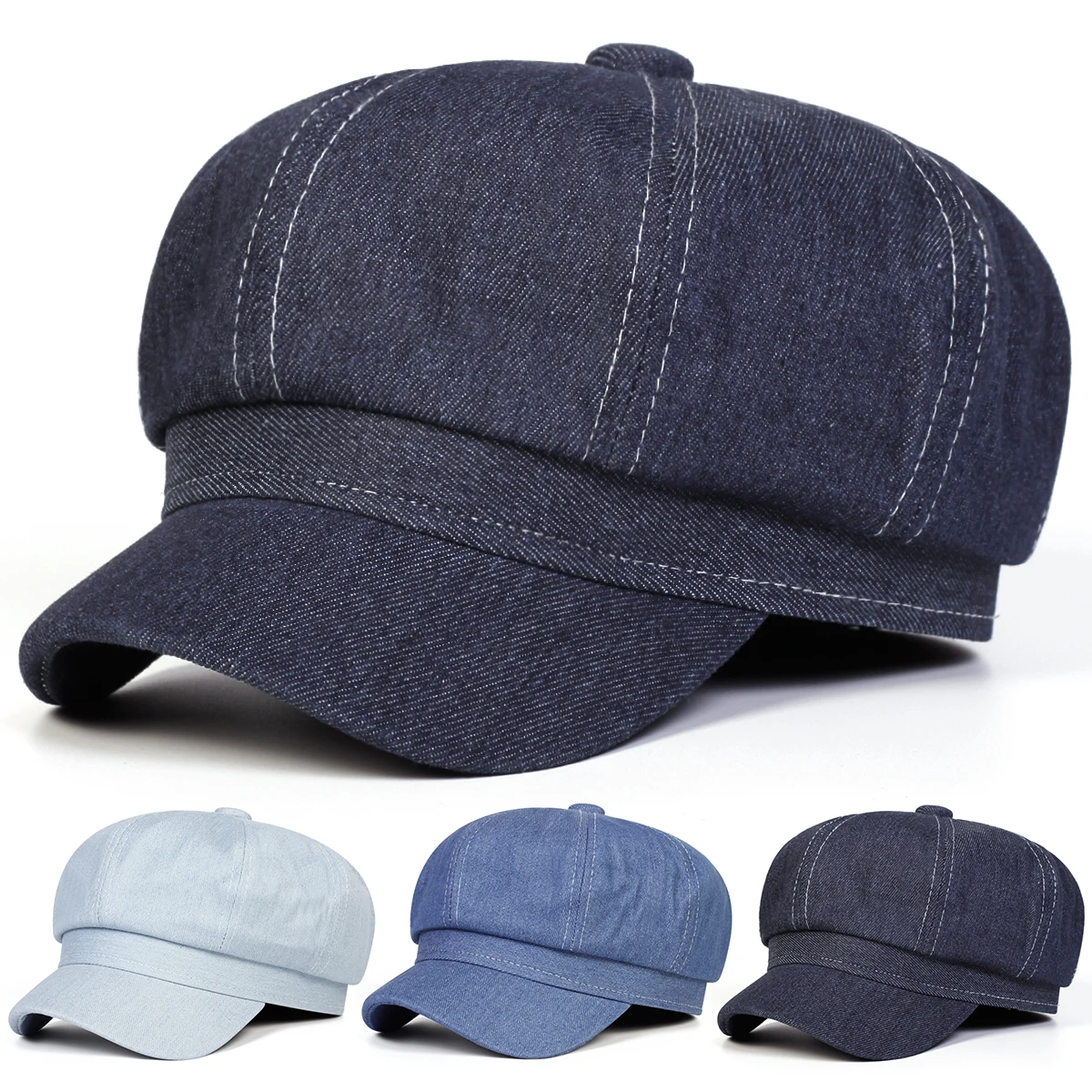 Unisex Washed Denim Newsboy Hat Spring and Autumn Retro Beret Hats Wild Casual Hats Octagonal Cap