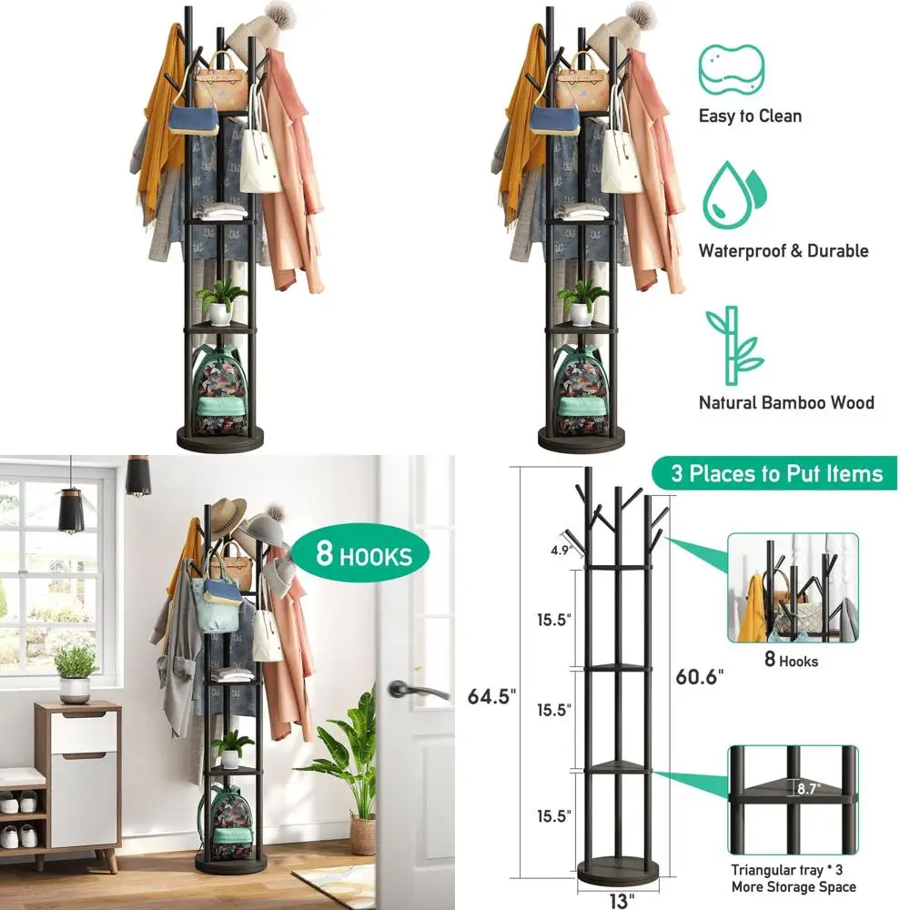 

Напольная вешалка-стойка из бамбука с 8 крючками для одежды, сумок и головных уборов – Органайзер для прихожей