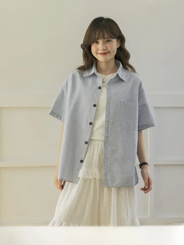 

Женская летняя повседневная рубашка свободного кроя в полоску с коротким рукавом, в японском стиле, с отложным воротником, из смесового хлопка