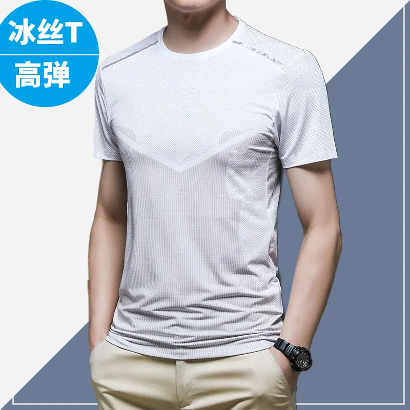 Men's Fashion Casual Ice Silk Short Sleeve Breathable Sports Thin Style Quick Dry Clothes Slim Fitness Running Tight T-shirt