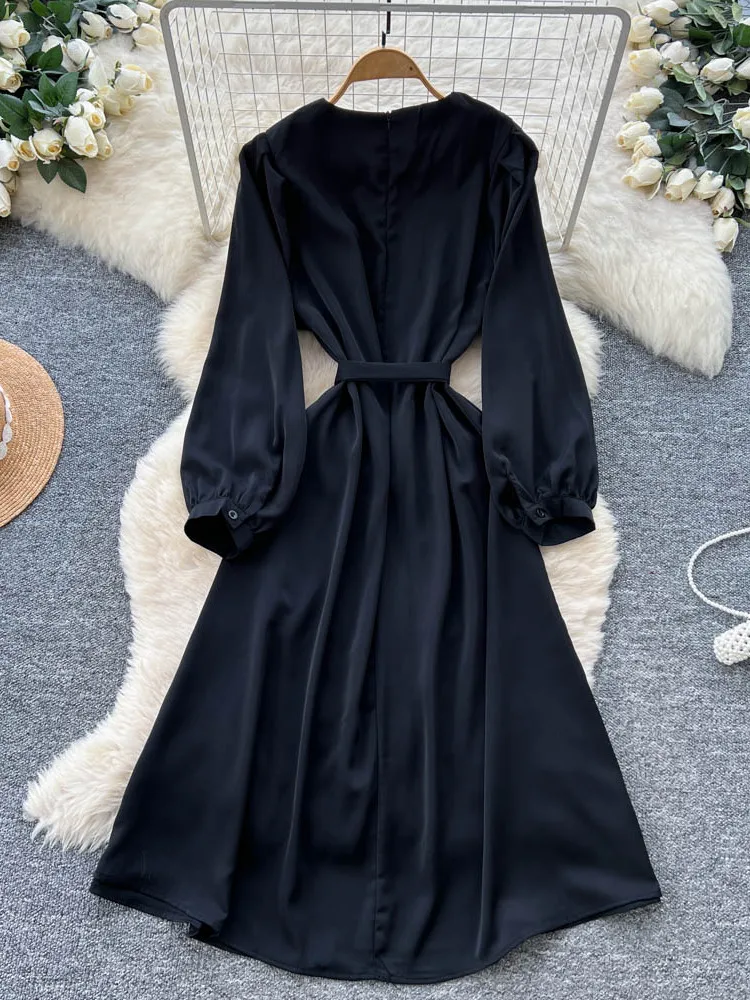 Retro runde Ne Plissee Design Sinn Belted Taille Laterne Sve Dr Frauen Herbst Abnehmen Lange Dr Koreanische Sle Hohe Wa...