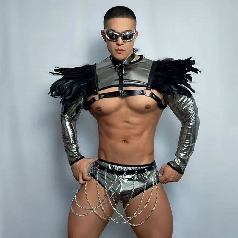 Male Gogo Dancer Clothing Futuristic Silver Stage Costume Men Feather Performance Outfit Festival Party Show Rave Wear VDL3178