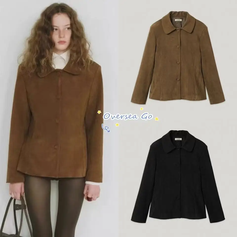 

Smoothmood Retro Suede Jacket Women's Short Waist-Cinching Collared Outerwear Autumn Winter New Arrival Commute Style Cotton