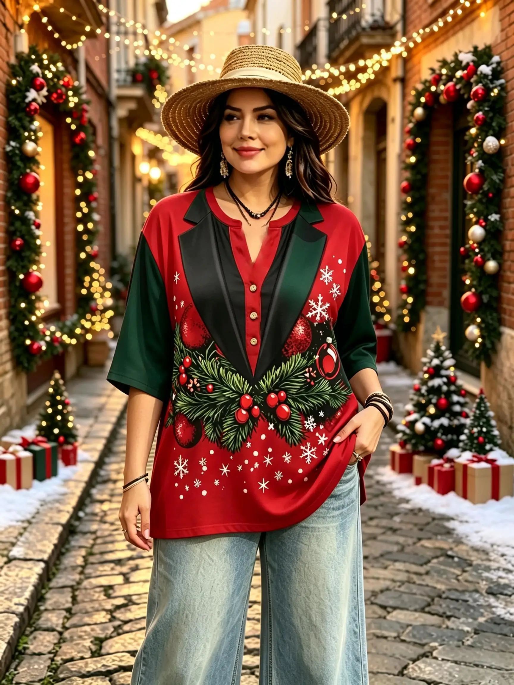 Women Lapel Fake Suit Look 3/4 Sleeve Blouse Christmas Snowflake Xmas Element Print Holiday Casual Top