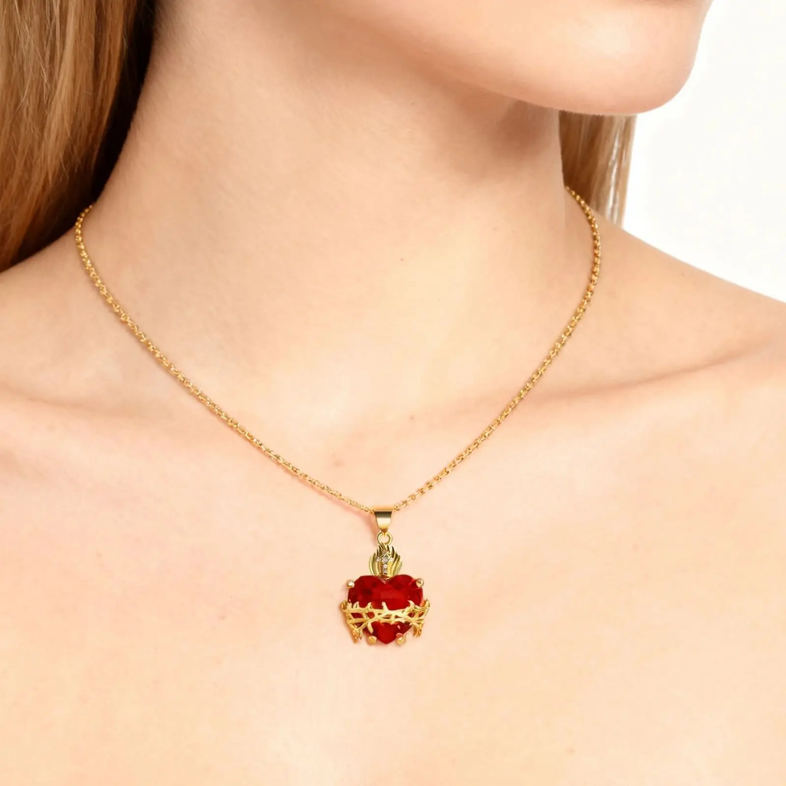 SUNSLL Sacred Heart of Jesus Cross Pendant Necklaces Red/Pink Cubic Zircon For Women Men Religious Gold/Silver Color Jewelry