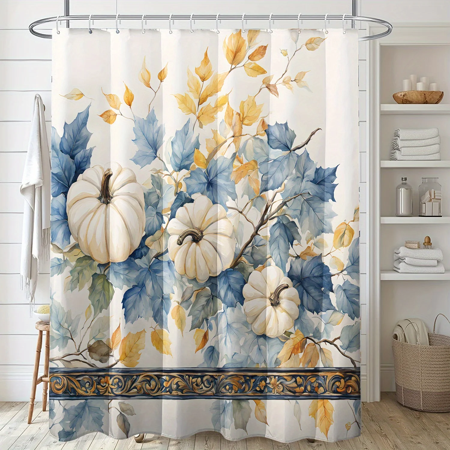 

1 шт., осенняя занавеска для душа в стиле тыквы и синих листьев, масляная живопись, полиэфирная ткань, можно стирать в машине, подходит для ванной комнаты