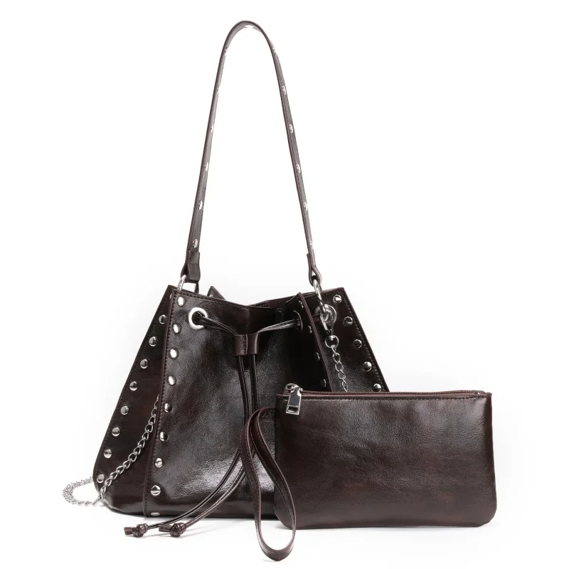 New Retro Motorcycle Bag Riveted Underarm Soft Leather Women's Handbag Ruffled Bucket Bag Single Shoulder Crossbody Bag