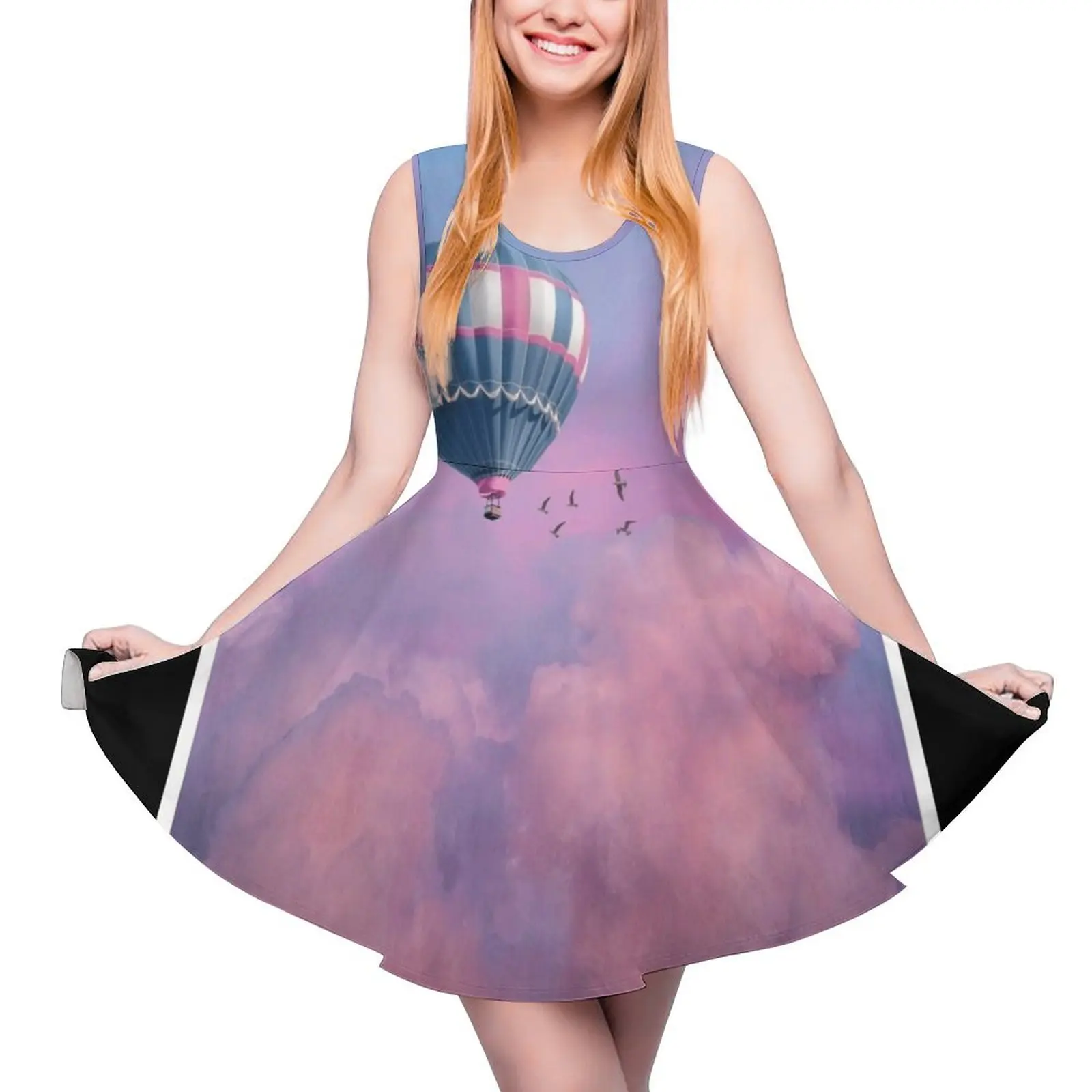 

Blue and Pink Hot Air Balloon on Pastel Clouds Sleeveless Dress birthday dress dresses women summer 2024