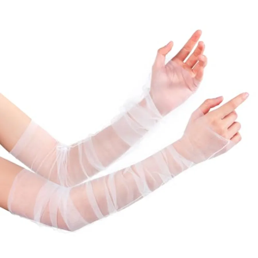 Long White Wedding Gloves Summer Tulle Sleeves Detachable White Sheer Mesh Bridal Fingerless Gloves for Women and Girls Wedding