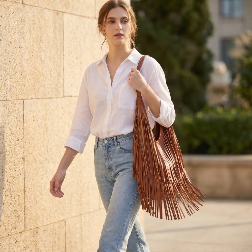 

Gift Soft PU Leather Long Tassels Handbag Black Color Large Capacity Shoulder Tote Bag Elegant Chic Armpit Hobo Bag Casual Wear