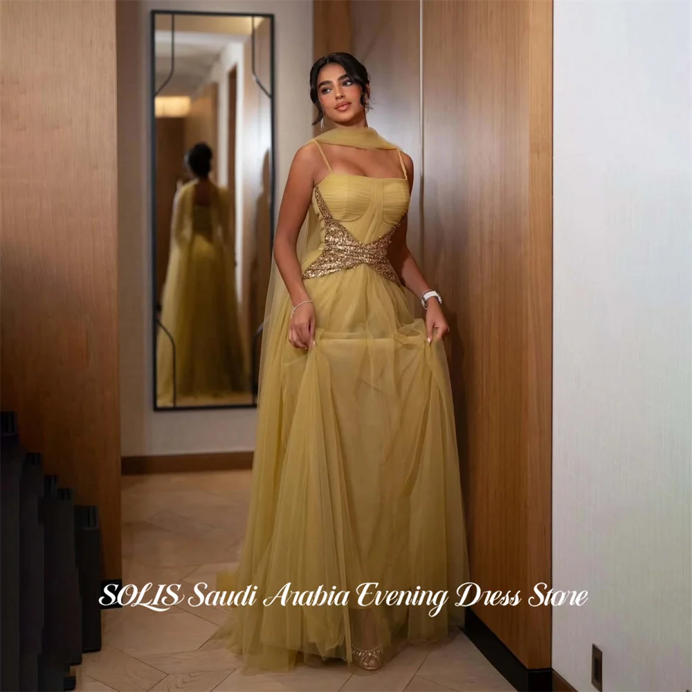 

SOLIS Yellow Prom Dress Spaghetti Strap Draped Neck Scarf Celebrity Dress A Line Women's Evening Dresses Formal Gown Customized