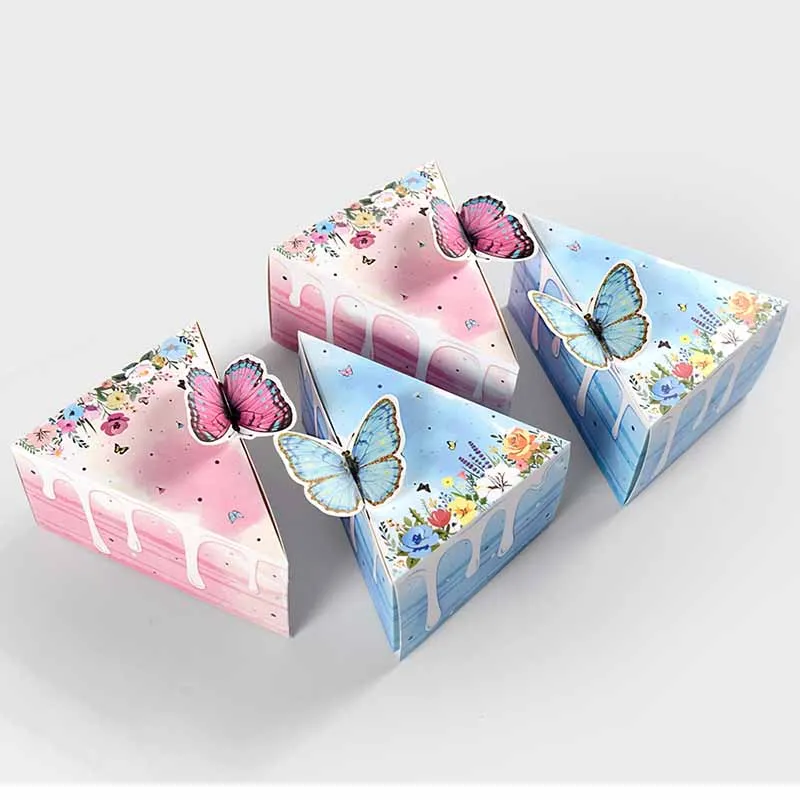 8/16 Stück Dreieckige Kuchen-Schmetterlings-Geschenkbox aus Papier, Keks-, Babyparty-, Süßigkeiten- und Dessertverpackungsbox, Kindergeburtstagsparty-Zubehör – Detail 8