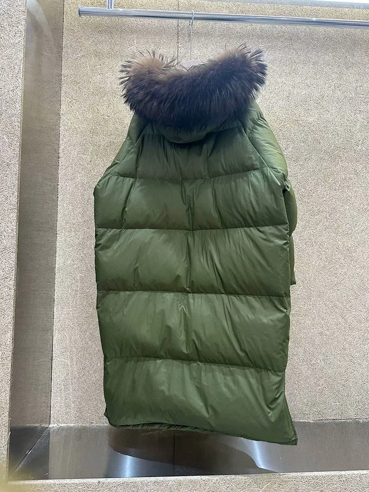 Super Large Raccoon Fur Army Green Quilt Down Jacket Winter New Long Thickened Plus Size Loose Warm White Duck Puffer Coat Women