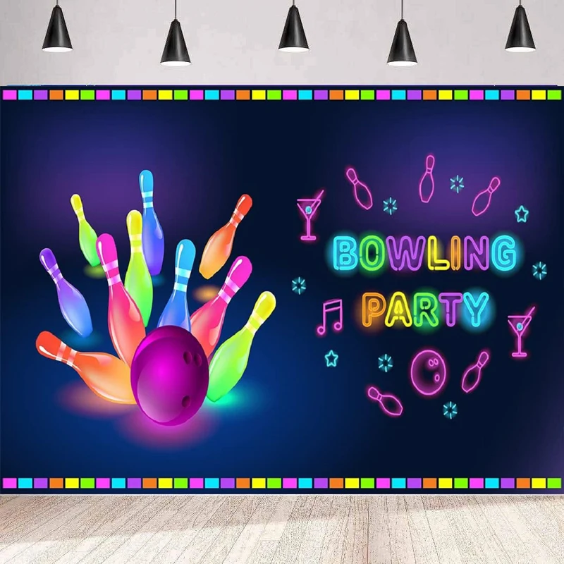 Photography Backdrop Bowling Birthday Party Neon Glow Let's Strike Bowling Background Home Party Backdrop Wall Banner Poster