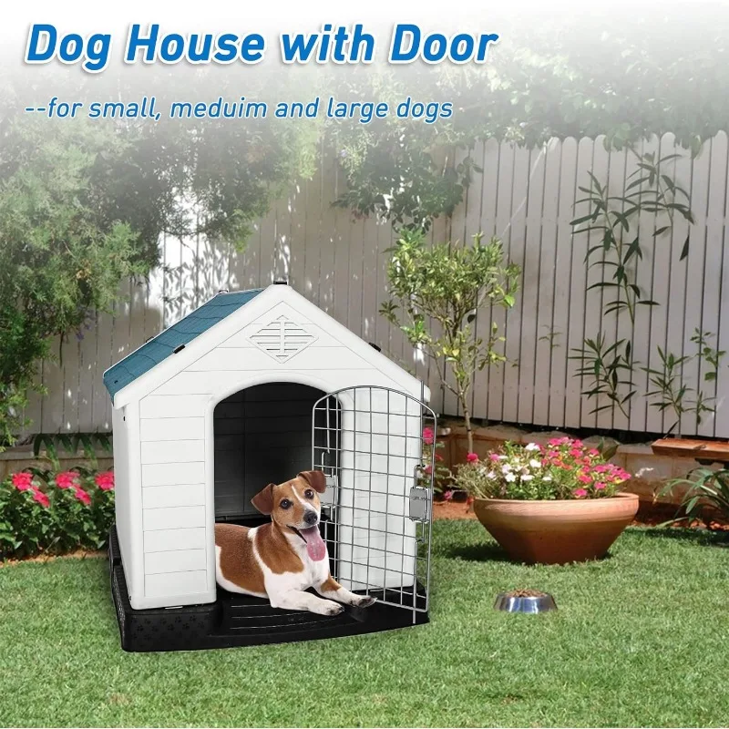 LUCKYERMORE Dog Kennel Outdoor Waterproof Rainproof Pet House Crate with Door Indoor Plastic Puppy Cage, Medium