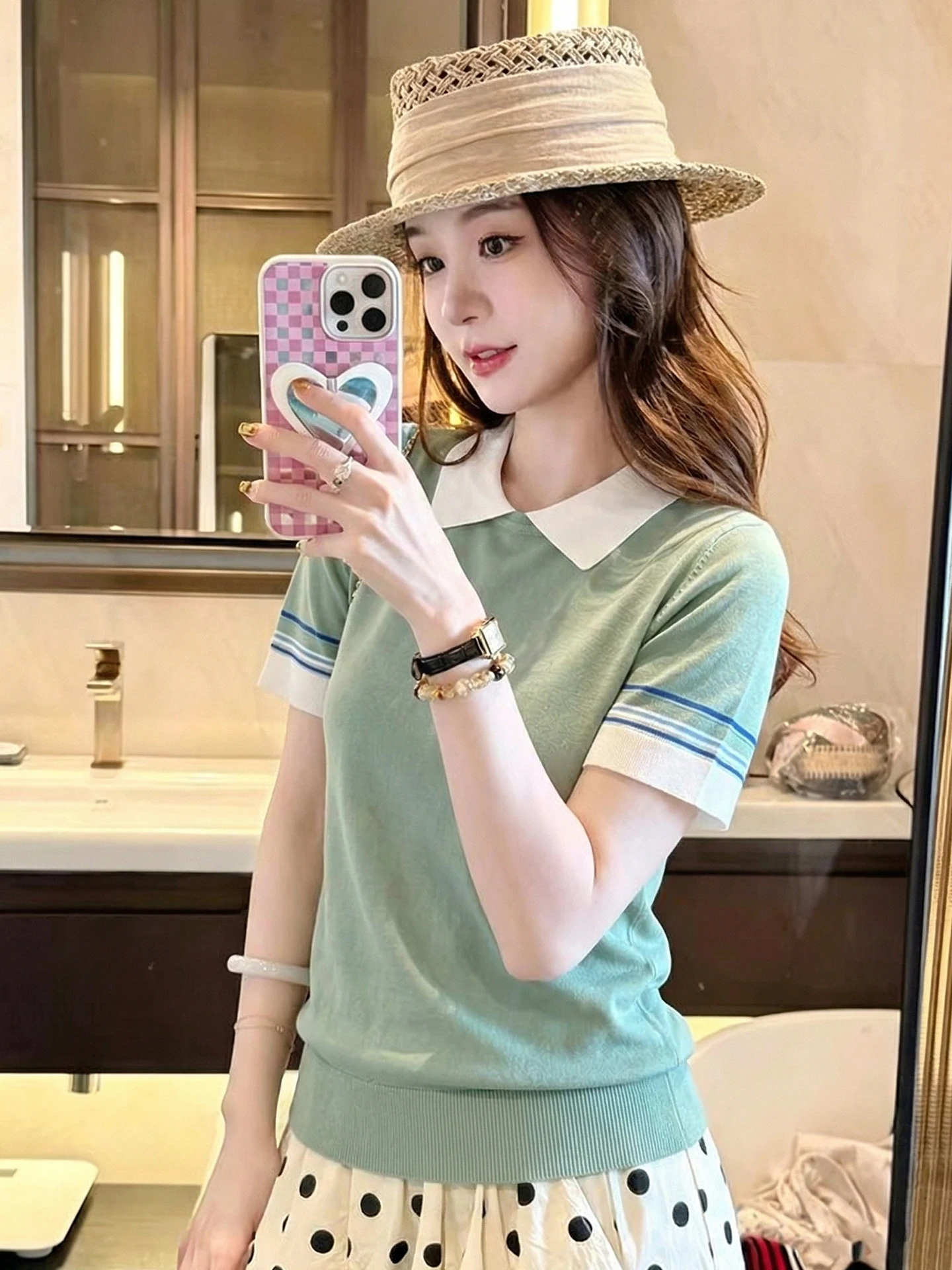 

Korean Style Commuter Short Sleeve T-Shirt Women's Fashionable Contrast Color Collar Summer New Arrival Versatile Casual Top