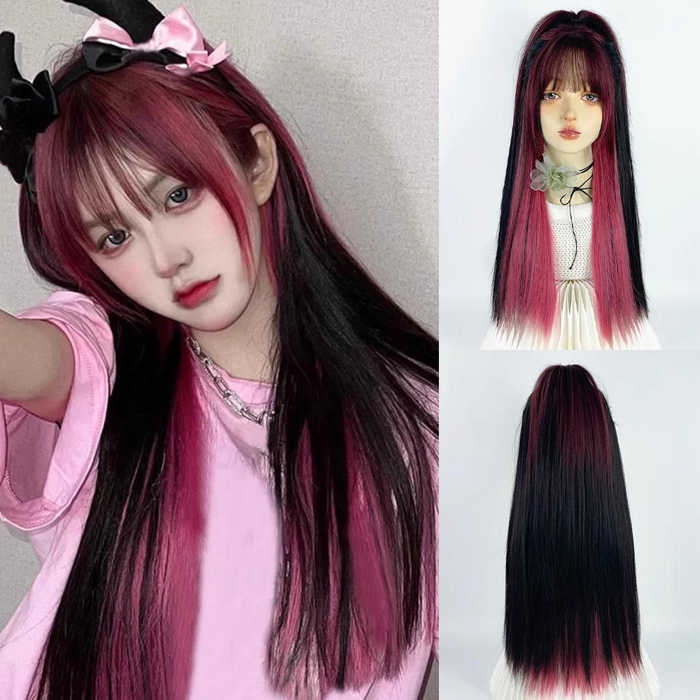 VICWIG Black Pink Highlights Long Straight Synthetic Wig Double Color Hair Girl Cosplay Daily Use With Bangs Lolita Wigs