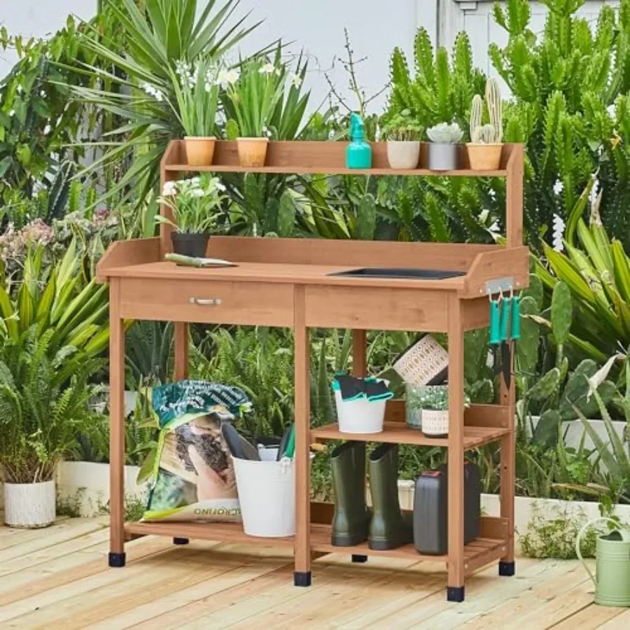 Outdoor gardening table with sink and drawer, powder-coated steel, sage green, rust-resistant and spacious storage