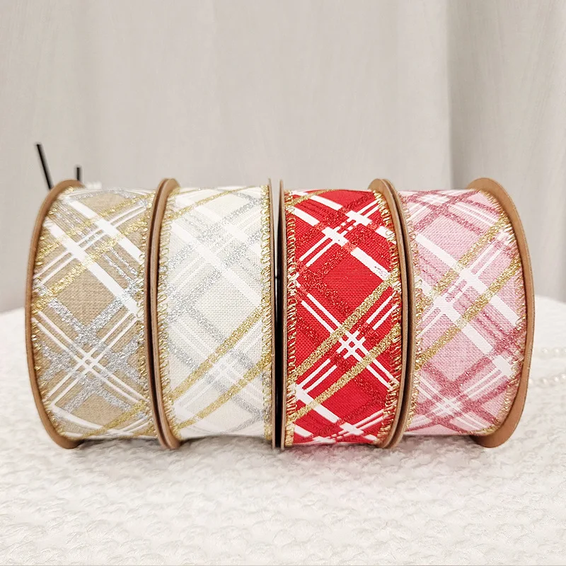 4cm Christmas Linen Plaid Ribbon Gift Christmas Tree Decoration Ribbon 5 Yards/Roll Gift Wrapping Glitter Grid Ribbon DIY Bow