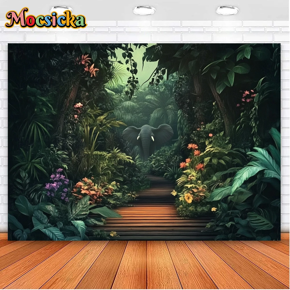 Mocsicka Enchanted Rainforest Lush Greenery Hidden Animals Wooden Path Elephant Tiger Dark Mysterious Depth Photography Backdrop