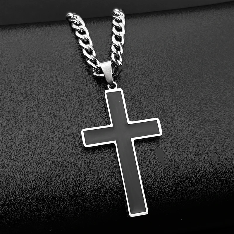 كريستيان الصليب الفولاذ المقاوم للصدأ يسوع المسيح الأسود المينا قلادة قلادة النساء الرجال الذهب اللون سلسلة القلائد تميمة المجوهرات