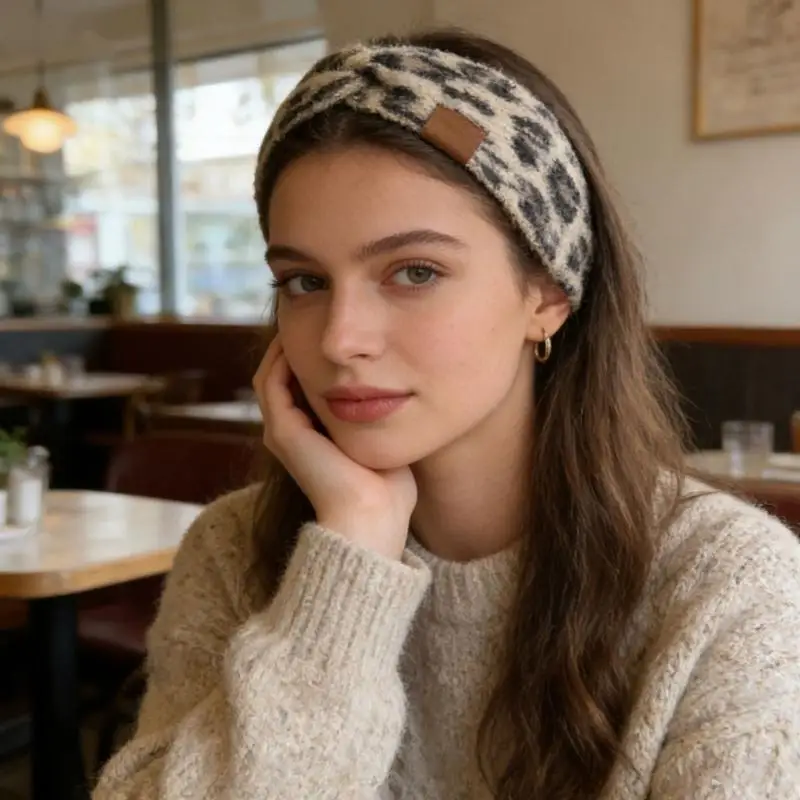 

Y3NE Leopard Print Hairband Knit Fabric Soft Warm Comfortable Cold Weather