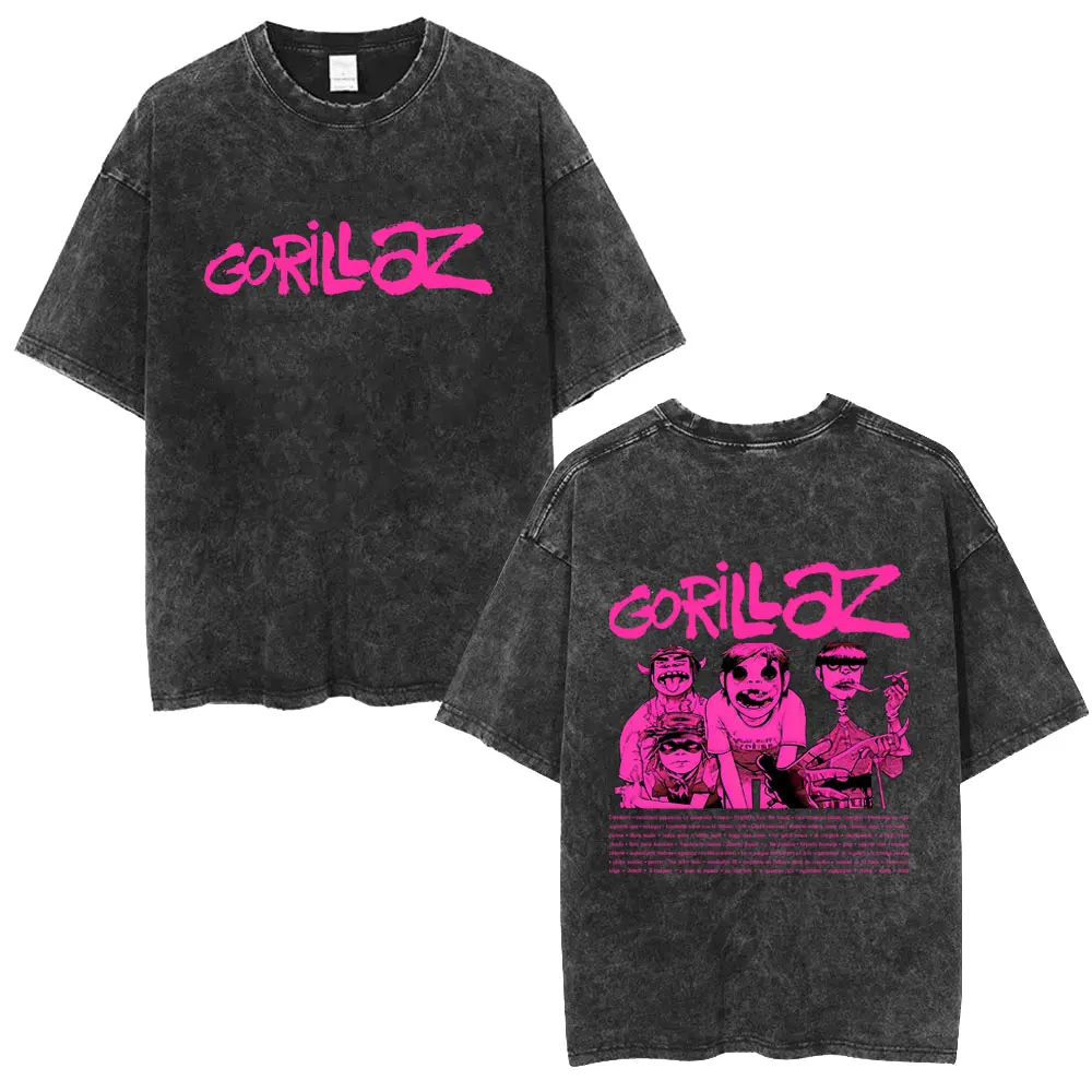 Washed Vintage Rock Band Gorillaz Merch T-shirt Men Women Fashion Hip Hop Oversized T Shirts Men's Gothic Punk Short Sleeve Tees