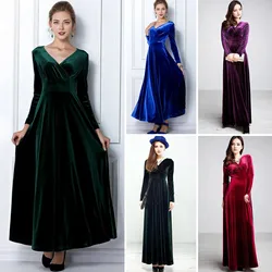Vintage Women Autumn Long Sleeve V Neck Pleated Velvet Banquet Party Maxi Dress Party Wedding Elegant Evening dress