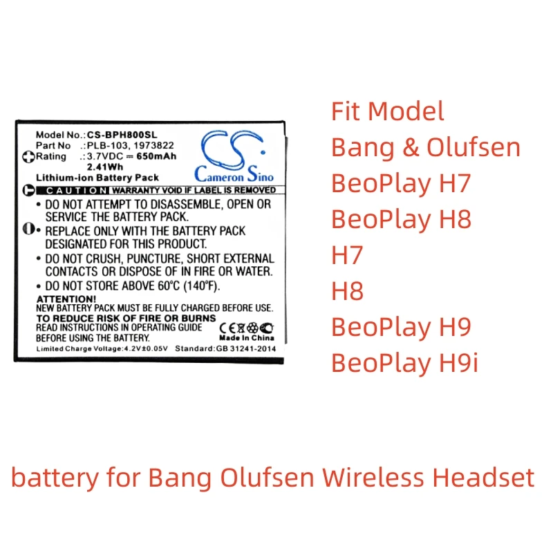 Li-ion Wireless Headset Battery for Bang & Olufsen,3.7V,650mAh,H7 H8 BeoPlay H9 BeoPlay H9,PLB-103 1973822 56467 201 012