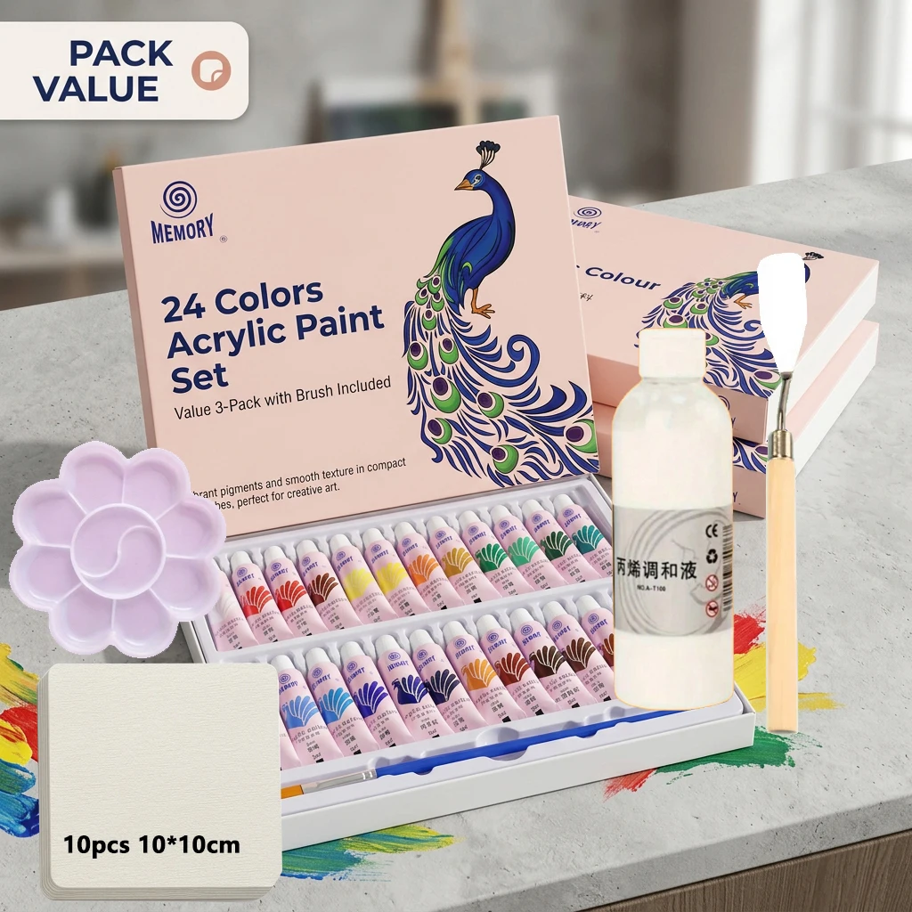 12/24 Colors 5ml Each Acrylic Painting Pigments Set with Scraper Mixing Palette 100ml Blending Liquid And 10 Sheets 10x10cm Wate