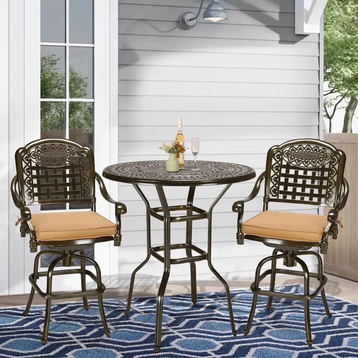 

Retro Series Outdoor Patio Swivel Bar Stools, Cast Aluminum Bar Height Bistro Chairs with Cushions Furniture Dining Chair Set