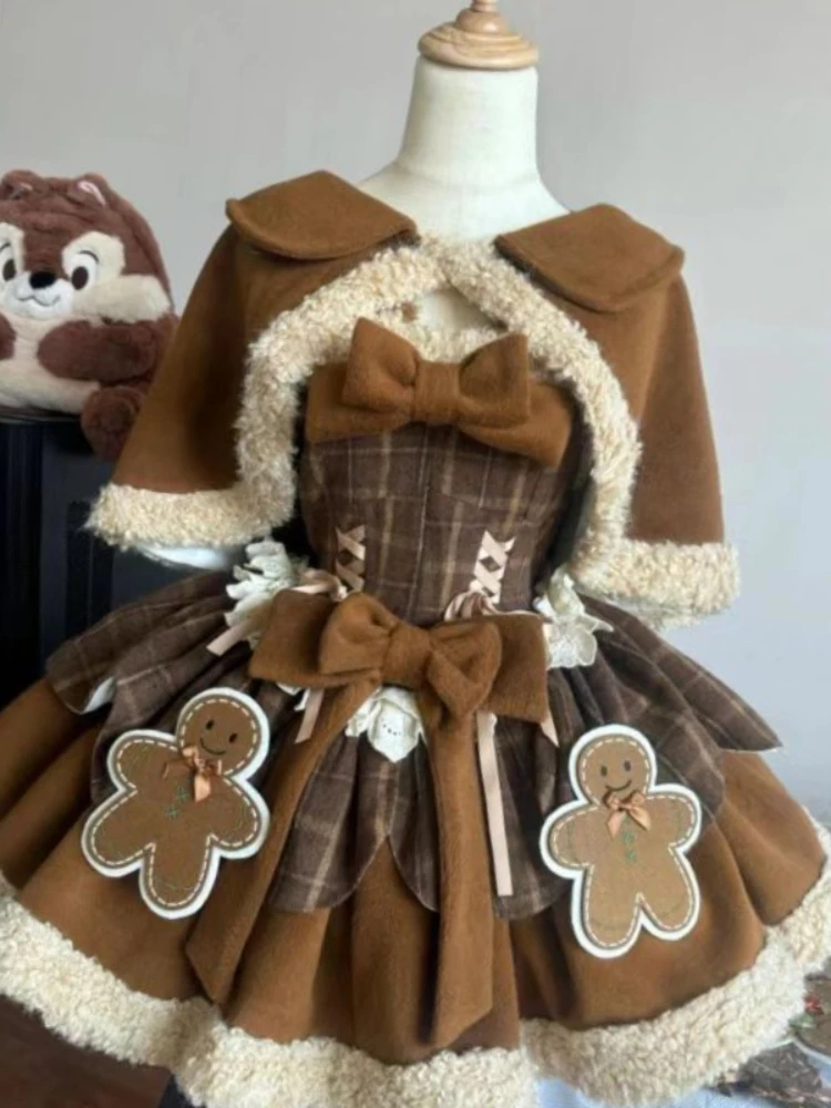 Winter Japanese Sweet Lolita Brown 2 Piece Set Chic Cape+Cute Bow Dress New Fashion Harajuku Kawaii Women Warm Clothes Suit 2024