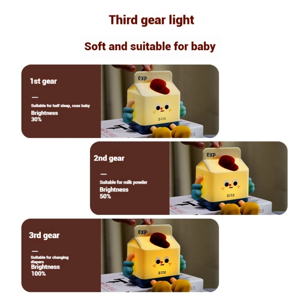 Caja de leche de dibujos animados, luz nocturna, bonita lámpara LED para mesita de noche para habitación de niños, función de temporizador automático recargable por USB, decoración de ayuda para dormir