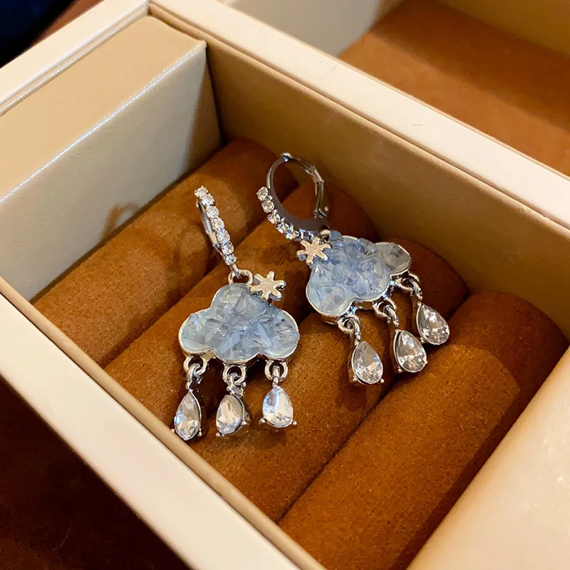 Hot Selling Fashion Cute Women's Cloud Earrings Blue Crystal Rain Zircon Water Drop Jewelry Wedding Party Gifts New Collection