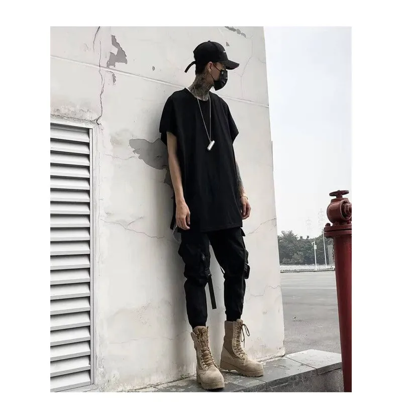 

Large Loose Men's Hop Street Hip Sleeveless High Size T-Shirt Fashion Trend Urban Youth Stage Style Black Vest T-Shirt